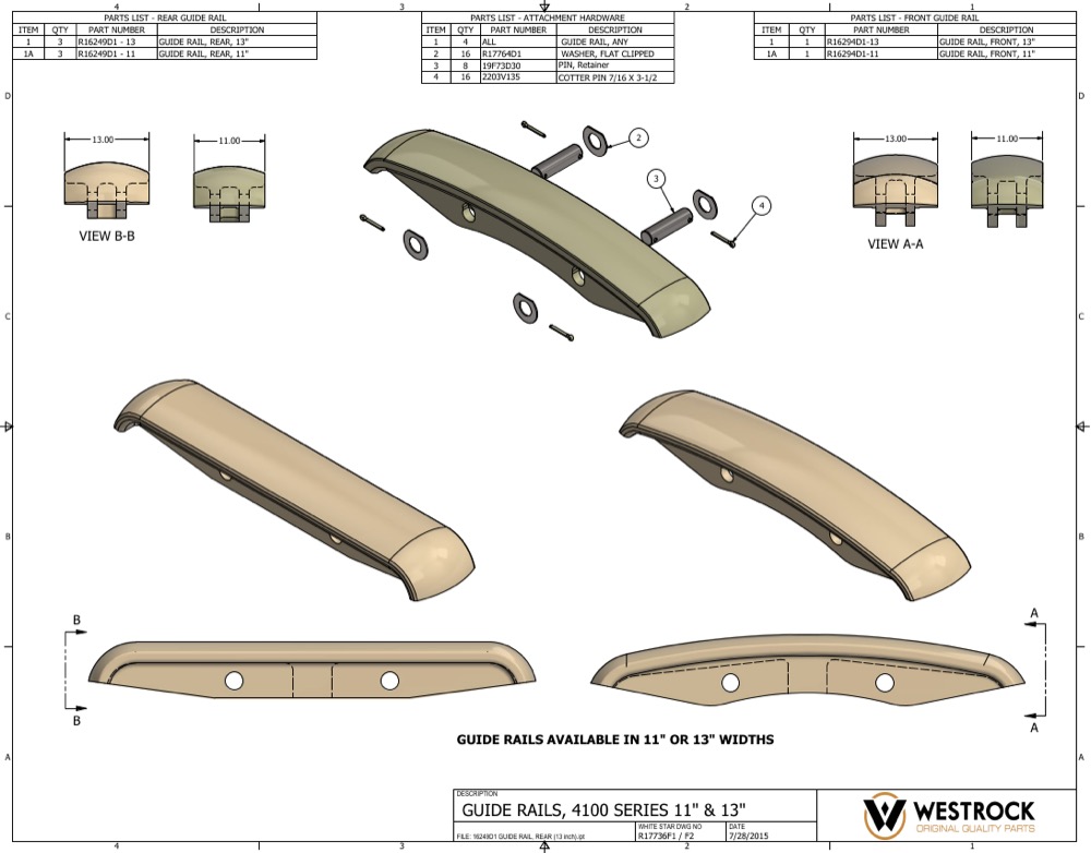Full-width guide rails, 4100 series — machined in 11″ and 13″ to cover the whole path.