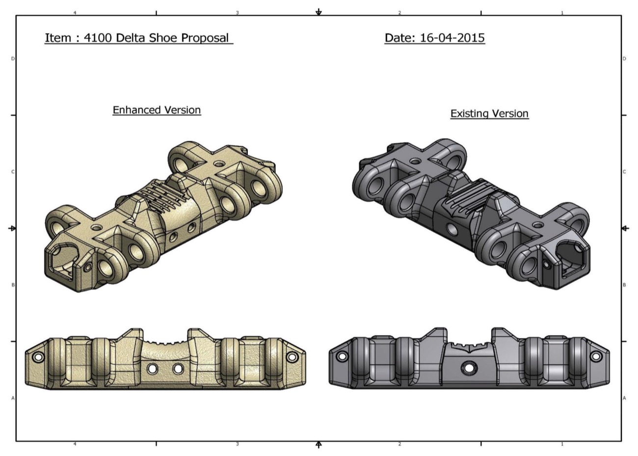 Redesigned 4100 Delta shoe (left) against the existing version — more steel in lugs, paths and ribs.