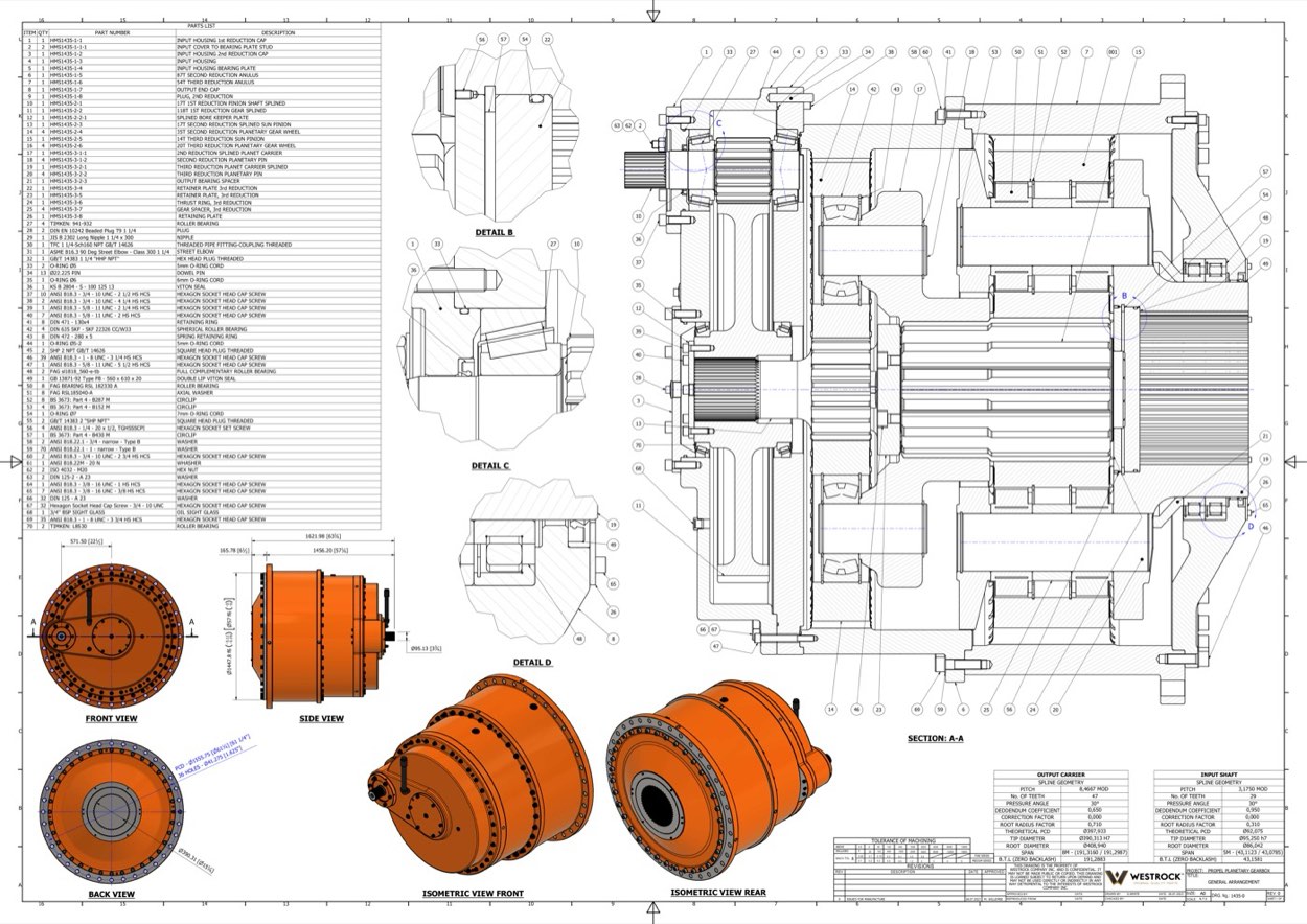 Plano general de conjunto con despiece y cortes.